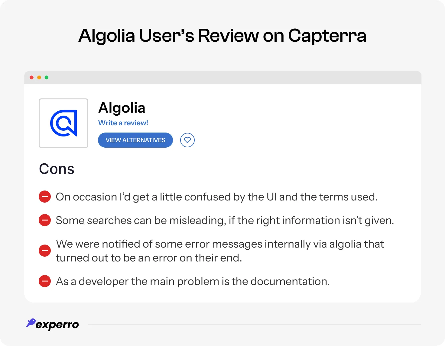 A screenshot of the review by an unhappy user of Algolia expressing views on Capterra review platform A screenshot of the review by an unhappy user of Algolia expressing views on Capterra review platform