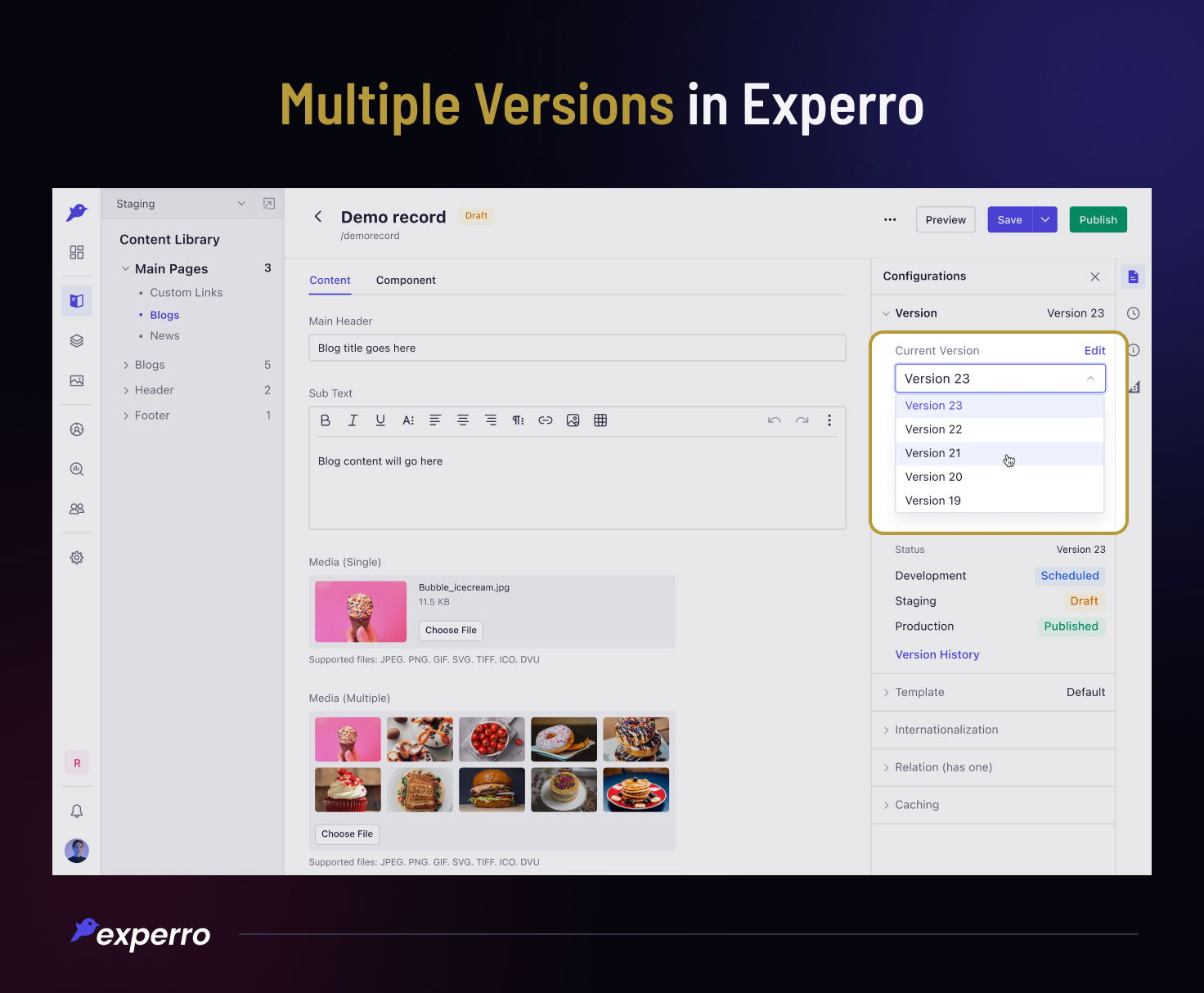 Multiple Content Versioning in Experro