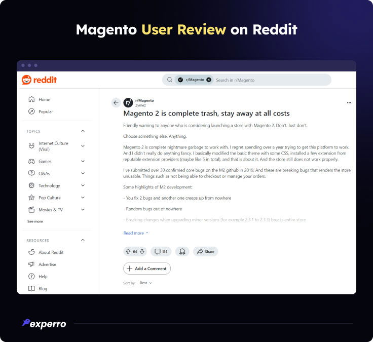 Magento's Negative User Review on Reddit